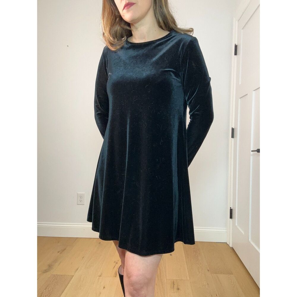 Vintage 90s Black Velvet Mini Dress Long Sleeve A-Line Swing, Babydoll
